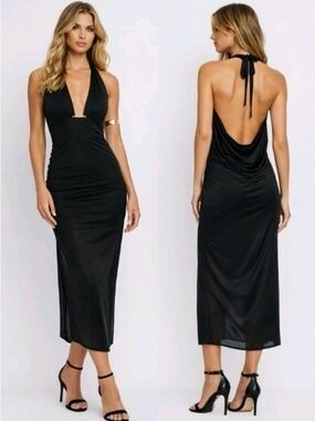 Caroline Constas Black Halter Deep V Midi Cover Up Dress Gold Bar Backless M
